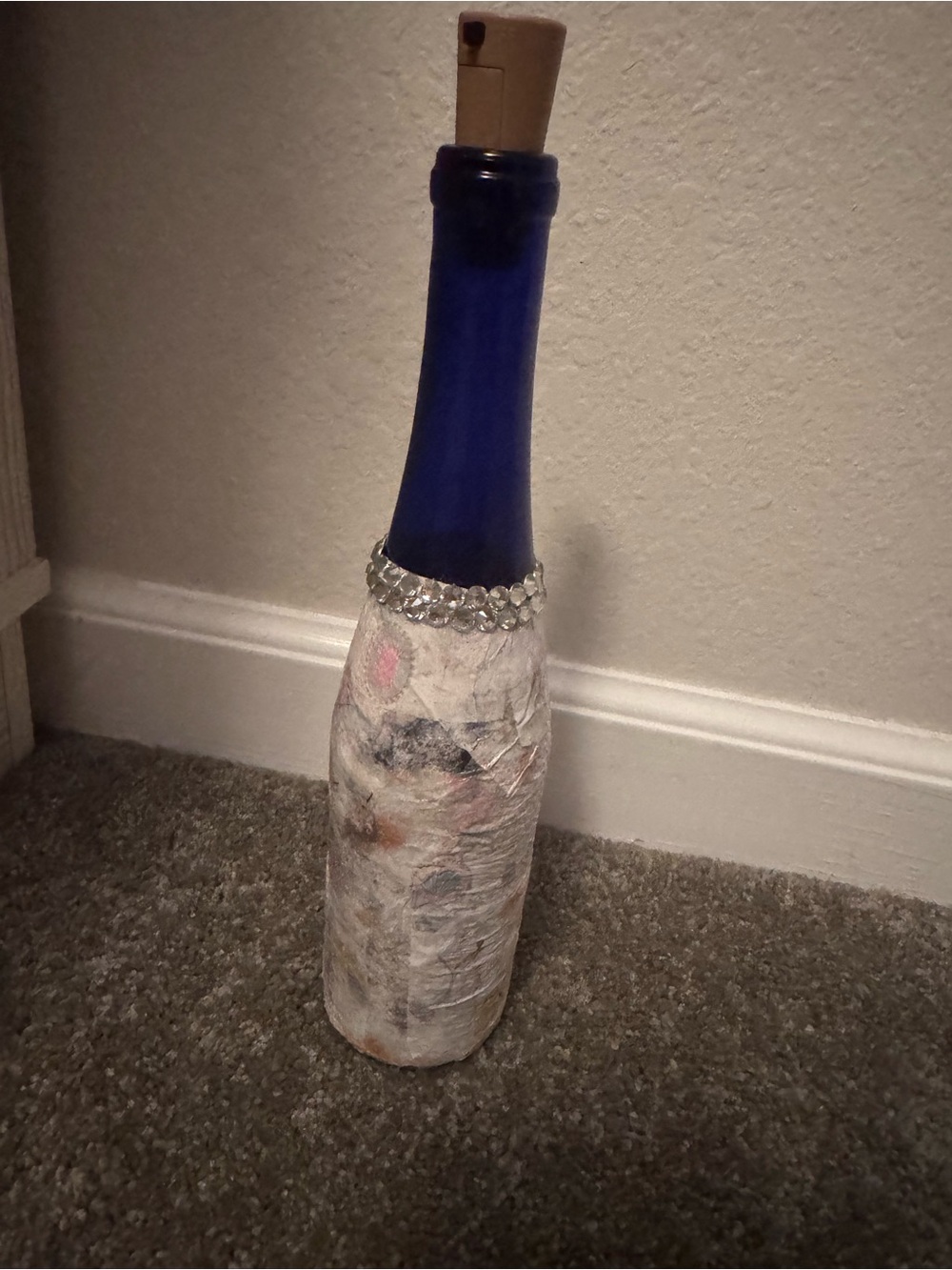 Cobalt Blue Decorative Bottle Vase with Embellished Neck